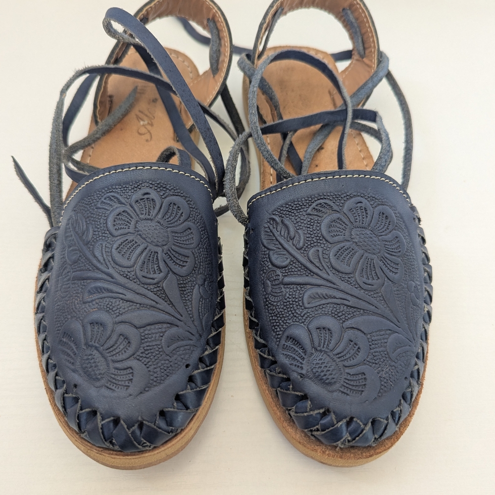 Alex Floral Embossed Navy Leather Sandals - Picture 2 of 9